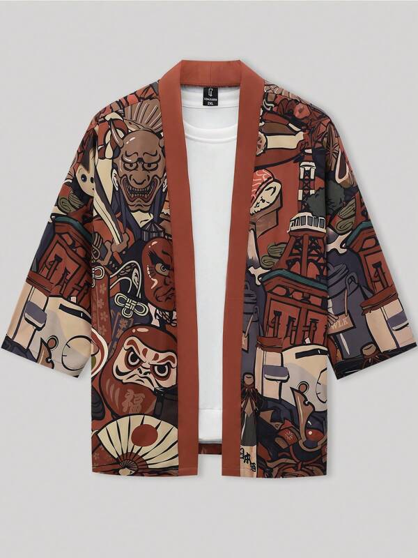Haori (chaqueta japonesa) de estilo japonés oversized con estampado de Daruma, Gato de la Suerte, Hannya y Takoyaki para hombre, talla grande, de otoño