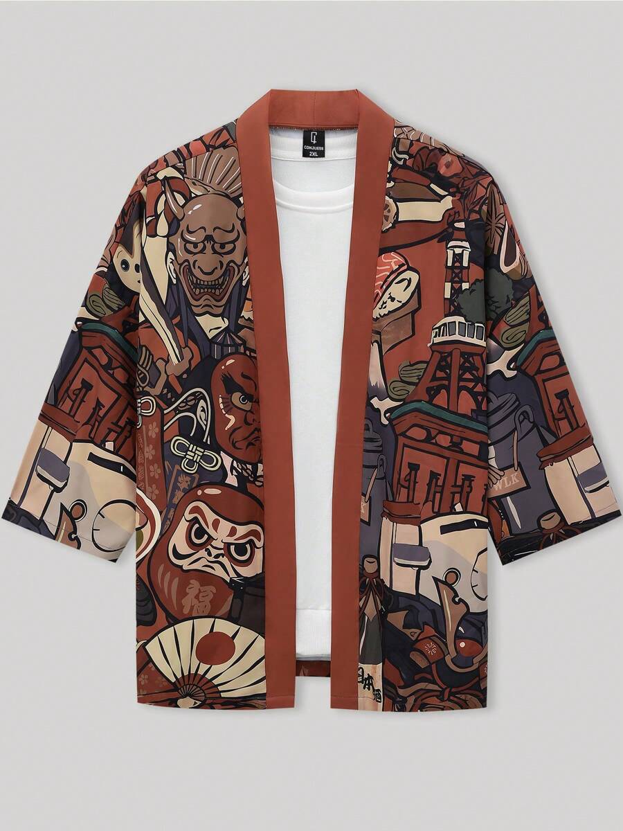 Haori (chaqueta japonesa) de estilo japonés oversized con estampado de Daruma, Gato de la Suerte, Hannya y Takoyaki para hombre, talla grande, de otoño - Marrón - Ver 1