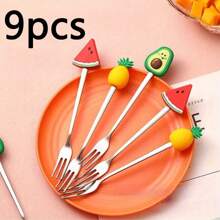 3pcs-Cute Cartoon Fruit Fork Set, Stainless Steel, Multiple Colors, Perfect For Desserts And Cakes, Kitchen And Cutlery,School Supplies