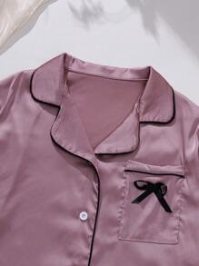 Conjunto de pijama de 2 piezas de mujer talla grande, con blusa de satén con bordado de lazo y manga corta, y pantalón corto, ropa de descanso casual para el verano y vacaciones