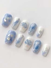 10 件渐变蓝白贝壳设计指甲贴，可拆卸短款优雅 DIY 美甲贴片 美甲用品 美甲