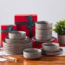 MALACASA 18 Piece Porcelain Dinnerware Set, Plates And Bowls For 6 People - Dark Gray And Khaki - Màu xám đen - Xem 5