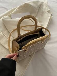 1pc Women's Solid Color Embossed Stitching Fashion Stone Texture Handbag, Shoulder & Crossbody Bag With Zipper Closure - Khaki - View 6