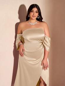 BIUBIU 大码女式露肩裹身式开衩连衣裙，波西米亚风格服装，浪漫婚礼季节日时尚服装 - 杏色 - 查看 5