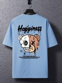 100% Cotton Basic T-Shirt Cartoon Print Happiness Short Sleeve Fashion Streetwear New Arrival