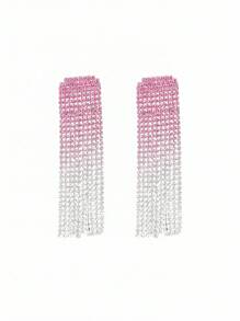 Fashion Glamorous Spring Hot Pink CZ Crystal Tassel Earrings Stud Wedding Party Graduation Jewelry 1 Pair