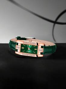 9PCS Green Fashion Women's Watch Set Luxury Versatile Rectangular Dial Quartz Watch Bracelet Necklace Earrings Set Suitable For Daily Clothing Matching Or Holiday Gifts