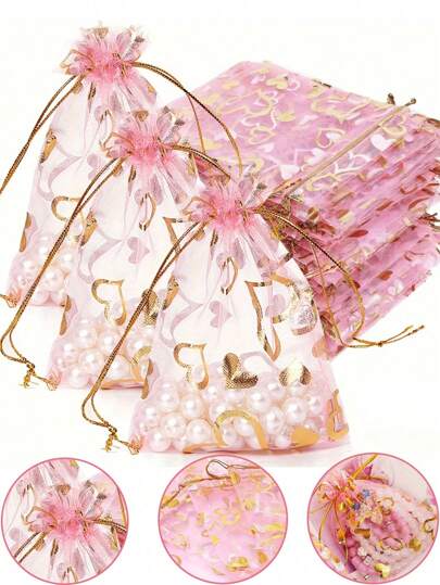 120/60/30/10pcs Red Heart Organza Drawstring Bags, Holiday Surprise Gift Pouches, Wedding Favor Bags, Bridesmaids Gifts, Guest Favors, Jewelry Storage, Bath Gifts, Bachelorette Party Gifts, Candy Gift Mesh Drawstring Bags, Suitable For Holidays, Weddings, Romantic Surprises