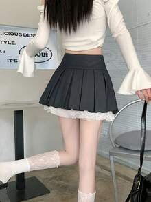 设计百褶裙 女装 新款灰色蕾丝拼接 小众性感A字迷你裙 春季 - 灰色 - 查看 4