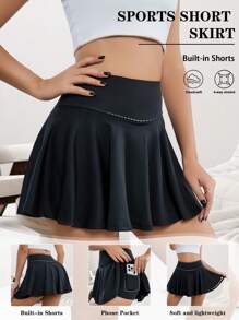 Women Tennis Skirt Women Fitness Sports Skirt With Summer Casual Solid High Waist With Phone Pocket Short Skirt Running Marathon Mini Skirt - Black - View 3