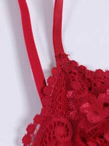Women's Lace Trim Wireless Front Closure Bra, Floral Pattern Comfortable Lingerie - Red - View 5