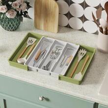 Utensil Organizer Kitchen Drawers, Expandable Cooking Utensil Tray, Adjustable Cutlery Silverware Flatware Holder, Plastic Kitchen Spatula Tools And Gadgets Storage Divider, Large, Black - 白色 - 查看 2