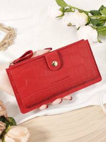 勃艮第包 Charry 红色包酒红色包，鳄鱼压纹折叠长钱包女士时尚现代商务超薄便携多功能大容量信用卡拉链身份证钱现金存储 - 酒紅色 - 查看 13