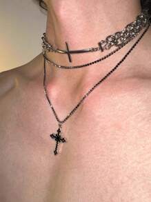 2 件/套耶稣升天日多层链条项链套装，银色金属材质镶嵌黑色锆石，男女皆宜的哥特式风格，适合派对和日常佩戴 - 銀色 - 查看 3