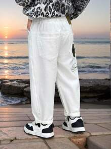男童春季时尚后口袋卡通刺绣弹力牛仔裤 - 白色 - 查看 5