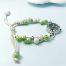 1pc Women's Niche Style Green Ceramic Bead Adjustable Band Quartz Wrist Watch, Unique Gift For Her