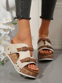 Sandali con tacco platform e plateau in stile vintage europeo e americano con doppia fibbia, tomaia bicolore, adatti per uso casual, all'aperto e per feste, con punta aperta, leggeri e comodi, colore beige, scarpe estive da spiaggia - Beige - Visualizzare 15