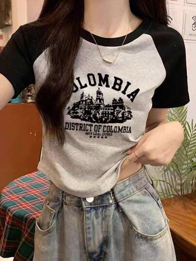 女士短款上衣拼接撞色复古花卉印花短袖 T 恤，春夏