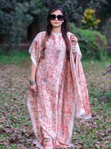 1 套女士新款仿丝条纹花卉印花海滩度假比基尼罩衫和头巾，非常适合旅行和日常使用 - 长袍、头巾