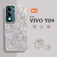 For VIVO Y04 Case Y29S 4G Tempered Glass Feathered Case Four-Leaf Clover Painted Protective Case Full-Screen Tempered Glass Pearl + Rhinestone Lanyard - 3PCS - View 5