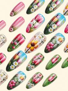 Mejora tu apariencia con este set de 24 uñas postizas en forma de almendra de tamaño medio para el Día de Acción de Gracias. Tienen un acabado súper brillante y son de estilo acrílico. El set incluye diseños de moda en degradado multicolor, con decoraciones geométricas y de flores, en un estilo simple, dulce, minimalista y elegante. Incluye parches de uñas postizas desmontables, adecuados para ocasiones festivas, fiestas, citas y uso diario.