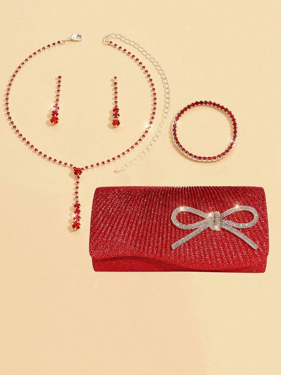 Túi cầm tay trang trí tiệc bướm thanh lịch cho nữ có dây đeo xích, túi đeo vai, túi đựng đồ buổi tối. Bộ 3 món kèm vòng cổ pha lê hình trái tim và hoa tai - Đỏ - Xem 1