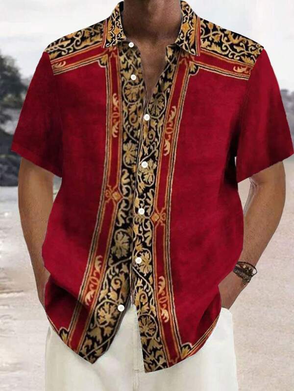 Vintage Palace Style Floral 3D Digital Print Plus Size Men Short Sleeve Button Down Shirt