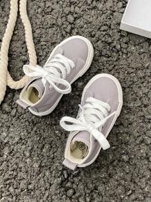 OPOEE 白色帆布鞋，儿童中帮运动鞋，春秋时尚简约男女童帆布鞋，经典高帮帆布鞋，休闲系带帆布鞋，运动鞋，儿童滑板鞋