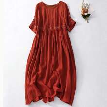 Women Long Dress, Elegant Short Sleeve Crew Neck Embroidery Loose Summer Casual Dress - 紅色 - 查看 1