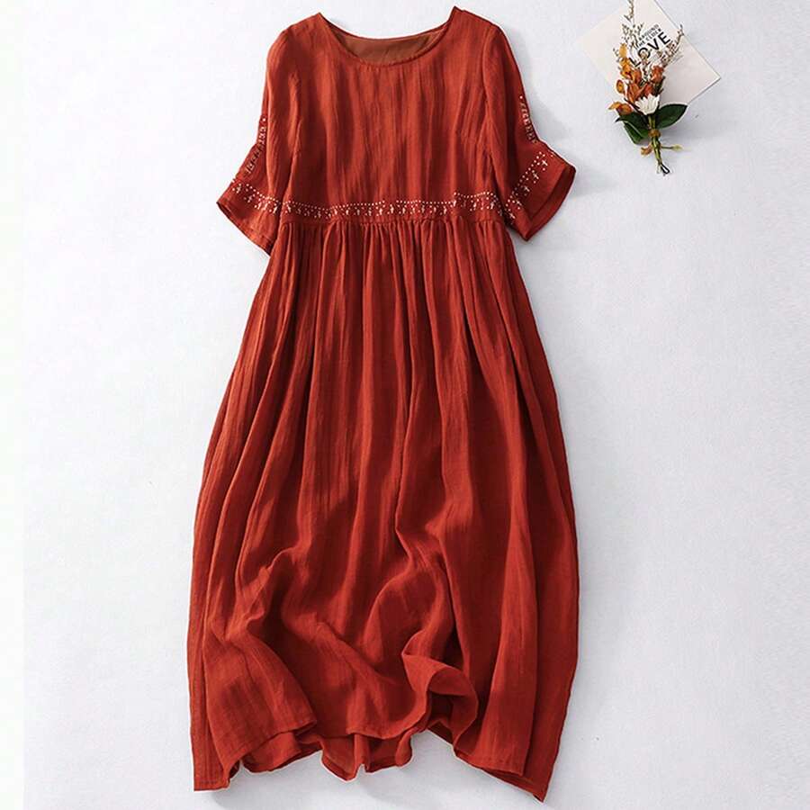 Women Long Dress, Elegant Short Sleeve Crew Neck Embroidery Loose Summer Casual Dress - 紅色 - 查看 1