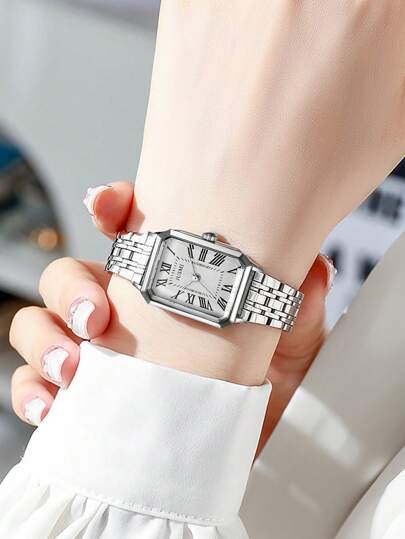 1pc/Set Stylish Rectangular Dial Stainless Steel Strap Quartz Watch, Birthday Halloween Singles Day Teenagers view 3