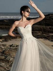 HEARBOBO Noble & Cute Off-Shoulder Vintage Palace Sequin Lace Vacation White Formal Evening Gown Fairy Mesh A-Line Wedding Dresses Bridal,Bride - 白色 - 查看 4