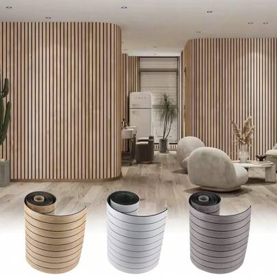 Large 3D Modern Natural Wood Strip Pattern Wall Sticker Self-Adhesive PVC Living Room Decoration 40*300cm