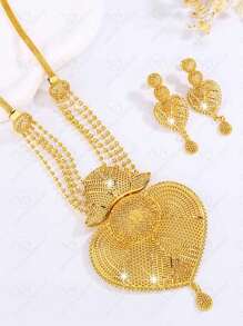 New Fashion Women Sweater Chain Dubai Gold Plated Long Necklace, Hollow Flower Copper Earrings, Gold Bead Chain Jewelry Set For Party Dress
