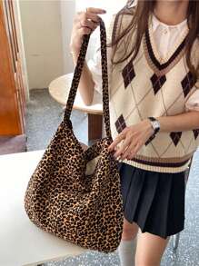 1Pc Brown Leopard Print Shoulder Bag, Fashionable Leisure High-Capacity Shoulder Bag, Suitable For Women's Daily And Commuting, Leopard Print Bag, Large Travel Storage Bag, Outdoor Leisure Tote Bag, Travel Essential Sanitary Napkins, Cosmetics, Chargers, Perfume, Skin Care Products, Mothers, Women, Female Students, Holiday Gifts