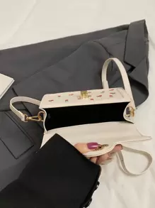 时尚高端 Pu 手提包，具有多功能方形和可爱的樱桃印花，非常适合女孩购物、约会或斜挎。 - 白色 - 查看 5