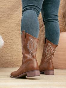 Women's Thick Heel Slip-On Embroidered Brown Western Ankle Booties, Go With Sweater Square Toe Mid-Calf Fashion Cowboy Boots, New Autumn Winter Short Shaft Riding Boots