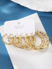 6pcs Gold Bamboo Hoop Earrings, Suitable For Daily Wear