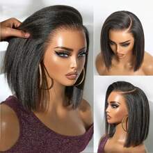 Uveous 42inch 250% Density Short Bob Kinky Straight Wig With Baby Hair - 13x4 HD Lace Front Human Hair Wig For Yaki Straight, Pre-Plucked, Elegant & Natural Look, Suitable For All Ethnicities, Short Hair Wig - 黑色 - 查看 2