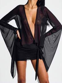 Women Mini Dress, Long Sleeve V Neck Backless Solid Color Sheer Dress Cocktail Dress - Black - View 4