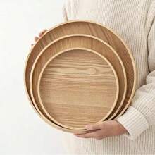1pc 21cm-33cm Round Wooden Serving Tray, Fruit Tray, Storage Plate, Minimalist Style - Khaki - View 2