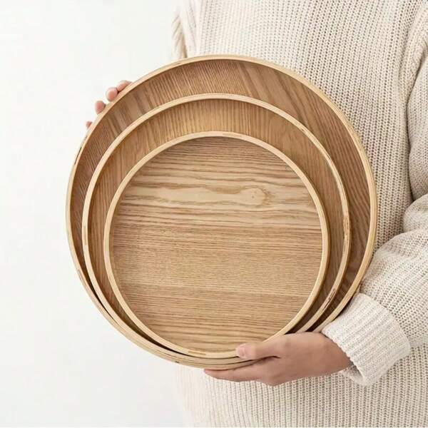1pc 21cm-33cm Round Wooden Serving Tray, Fruit Tray, Storage Plate, Minimalist Style