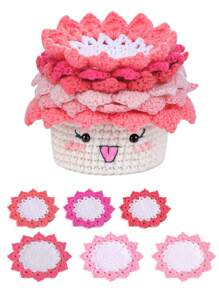 1 Set Incomplete Coaster Crochet Material Kit, Handmade Yarn Ball, Potted Coaster Tabletop Decor, DIY Crochet Kit With Basic Accessories And Video Tutorial - Multicolor - View 11