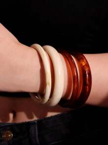 4 件/套白色和棕色扎染圆形树脂手镯，简约多层百搭复古优雅女士珠宝 - 彩色 - 查看 4
