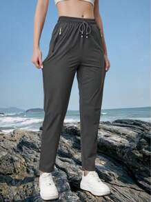 Women's High Waist Elastic Drawstring Waist Dual Side Zipper Pockets Lightweight Breathable Outdoor Sports Hiking Pants - Dark Grey - View 6