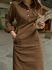 春秋新款时尚优雅翻领纽扣长袖女式阿拉伯连衣裙 - 咖啡棕 - 查看 7
