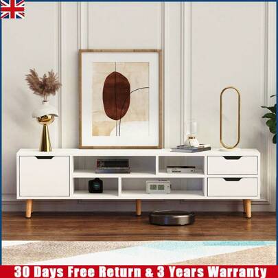 OYAJIA 140cm Modern High Gloss White TV Cabinet & Entertainment Unit: Comprehensive Storage Solution With Drawers, Perfect For Displaying & Organizing Media Equipment In Your Living Room Or Home Office