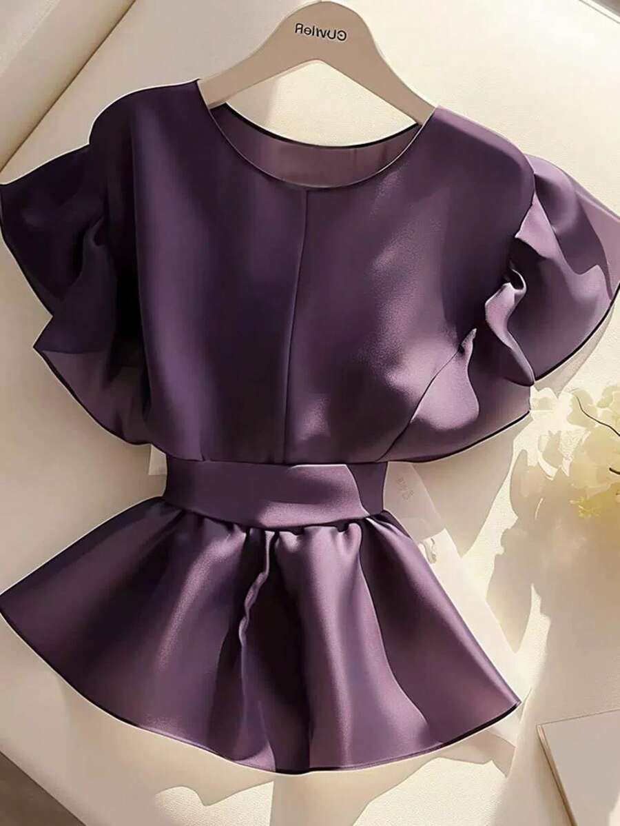 夏季法式女装，优雅浪漫，沙滩度假装，纯色雪纺腰带荷叶边，女士衬衫，夏季上衣 - 紫羅蘭色 - 查看 1