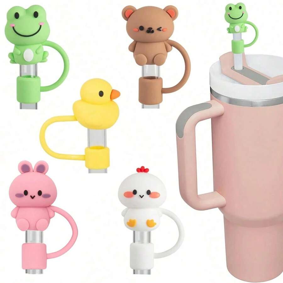 1/3/5/10pcs Cute Floral Decor, Dust-Proof Drinking Straw Animal Straw Caps, Silicone Bottle Caps, Party Favors, Reusable Straw Tops For Homes And Parties Back To School - Animal Straw Cover - View 1