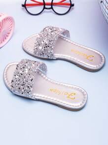 Girls' Dreamy Silver Satin Sole, Glitter Strap Slider Sandals, Fashionable And Comfortable - Silver - View 2